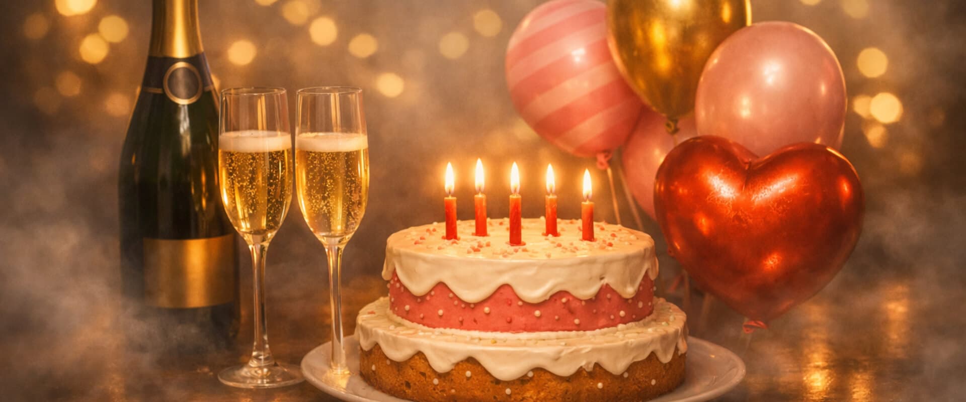 A celebratory scene featuring a cake with candles, champagne glasses, and colorful balloons.