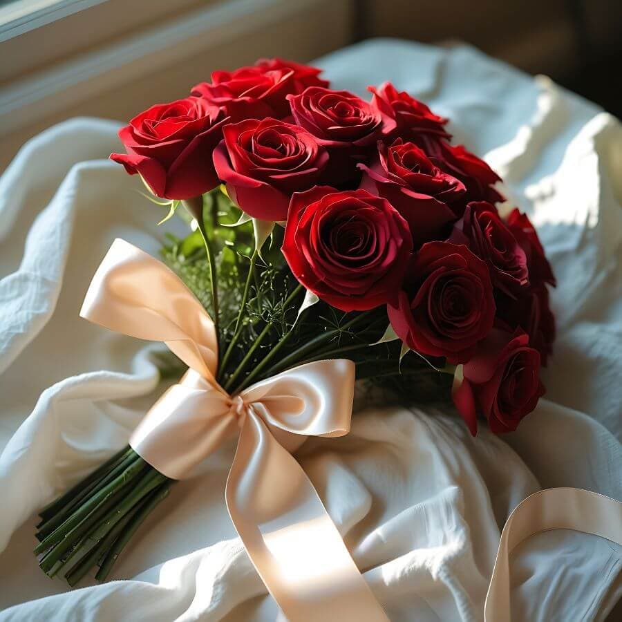 A bouquet of vibrant red roses tied with a satin ribbon rests on a soft white fabric.