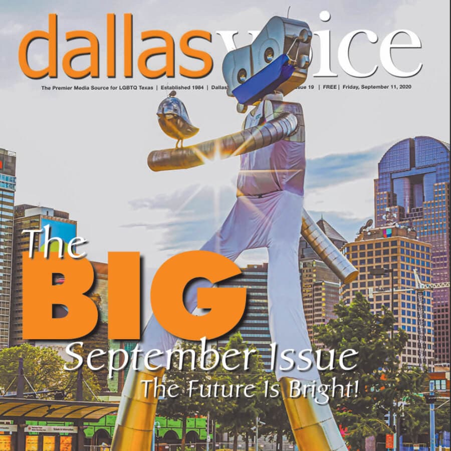A colorful magazine cover featuring a tall, stylized robot figure in an urban park setting.